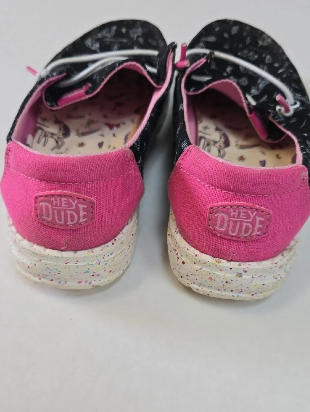 EUC Hey Dude Kids Black Sneakers with Pink Trim and Unicorn Print